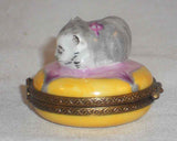Limoges France ROCHARD Hand Painted Small Trinket Box Cat Sleeping Pink Pillow