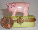 Limoges France Hand Painted Small Trinket Box Having Pink Pig Standing on Lid