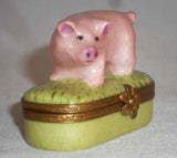 Limoges France Hand Painted Small Trinket Box Having Pink Pig Standing on Lid