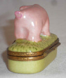 Limoges France Hand Painted Small Trinket Box Having Pink Pig Standing on Lid