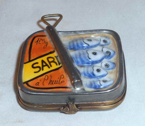 Limoges France Hand Painted Trinket Box Parry Vieille Sardine Can Being Opened