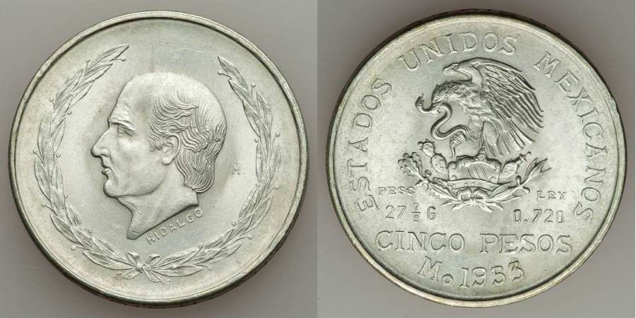 Mexican Crown Size Silver Coin 1953 Five or Cinco Pesos United States of  Mexico Hidalgo's Bust Nice About Uncirculated or Better