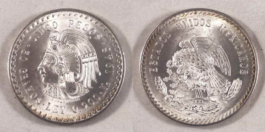 Mexican Crown Size Silver Coin 1948 Five Pesos Head of Aztec