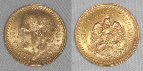 Lustrous 1945 Mexico Gold Coin Two and Half Pesos Miguel Hidalgo Mexico Arms AU+