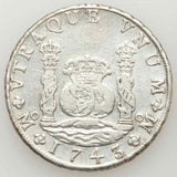 Beautiful 1743MF Philip V of Spain Silver Coin Mexico 8 Reales Mint Mark Mo XF