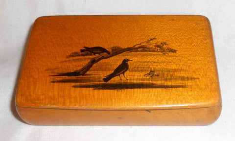 Antique Maple Wood Snuffbox Hand Drawn Black Birds and Tree Decoration