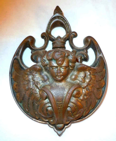Antique Cast Iron Hanging Match Holder Angel, Putto, or Cherub Gold Coloring