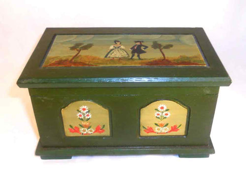1976 Miniature Painted Wood Blanket/Dower Chest People Floral Decoration Germany
