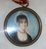 Antique Hand Painted Miniature of a Woman within Glass Covered Round Bezel