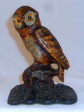 Antique Cast Iron Doorstop Brown Colored Owl Standing on Brown-Green Perch