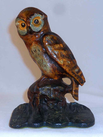 Antique Cast Iron Doorstop Brown Colored Owl Standing on Brown-Green Perch