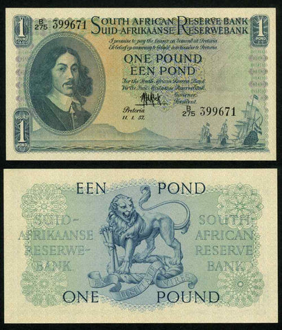 Currency 1957 South African Reserve Bank One Pound Banknote Van Riebeeck P# 92d