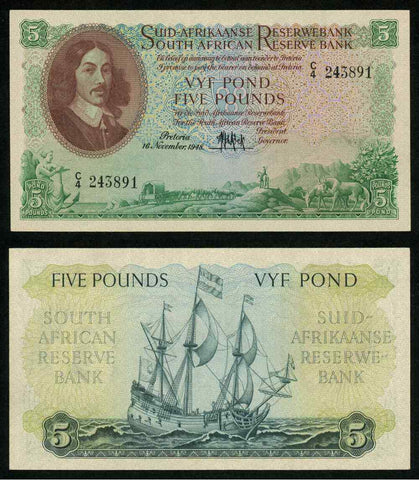 Currency 1948 South African Reserve Bank Five Pounds Banknote Van Riebeeck P# 95