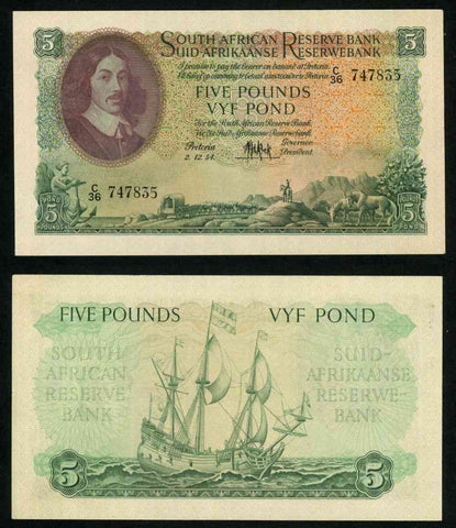 Currency 1954 South African Reserve Bank Five Pounds Banknote Van Riebeeck P# 96
