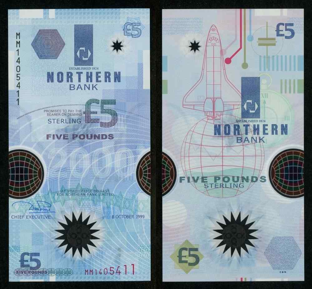 未　北アイルランド　ノーザン銀行　1999年　ミレニアム記念　ポリマー5ポンド 1999 Northern Ireland 5 Pounds Sterling Polymer Banknote