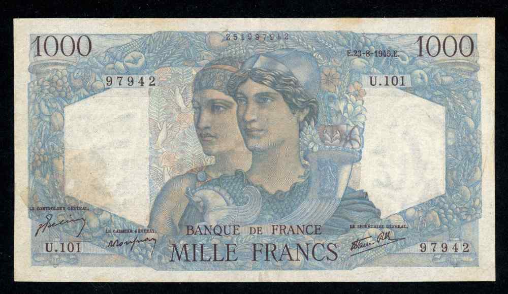 極美品+　フランス　1945年　大型1000フラン　P-130a 1945 France 1000 Francs Banknote Pick Number 130a Banque De France
