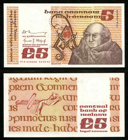 Currency 1981 Central Bank of Ireland Five Pounds Banknote J Scotus P# 71c UNC