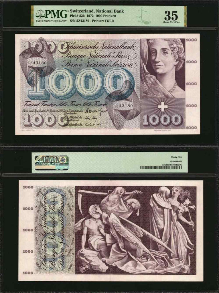 1972 Banknote Switzerland 1000 Francs Dance Macabre P# 52k PMG