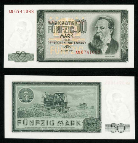 1964 German Democratic Republic 50 Mark Deutschen Notebank Banknote P 25a UNC