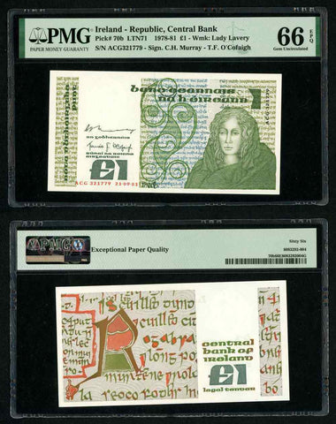 1981 Central Bank of Ireland One Pound Banknote Pick 70b Gem Uncirculated 66 EPQ