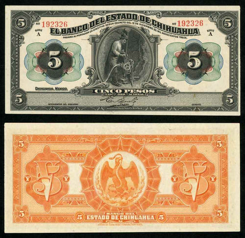 Banknote 1913 Bank of Chihuahua Mexico 5 Pesos Miner w/ Drill P# S132a Crisp UNC