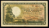 Currency 1929 South African Reserve Bank Five Pounds Banknote Sail Ship P# 86a