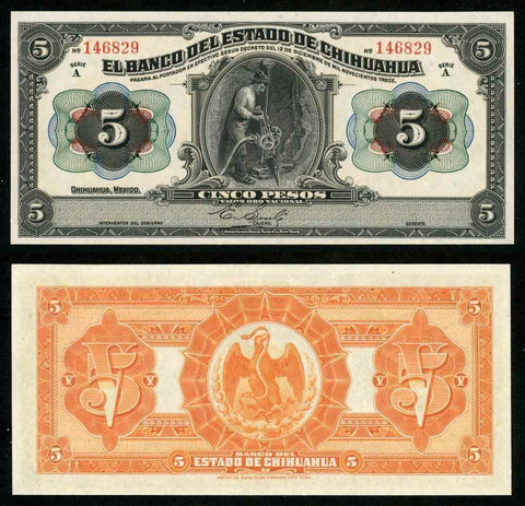 Banknote 1913 Bank of Chihuahua Mexico 5 Pesos Miner w/ Drill P# S132a Crisp UNC