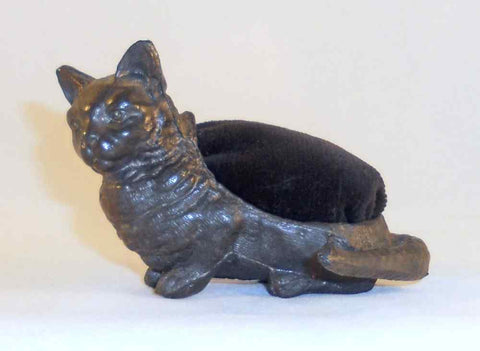 Beautiful Antique Cast Metal Figural Cat Pincushion Raised Tail