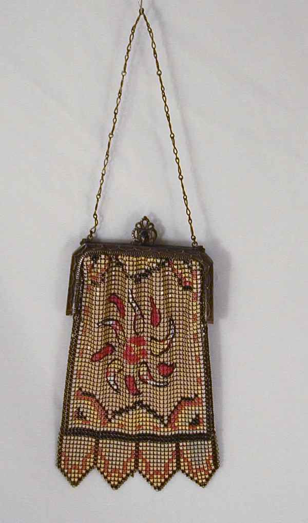 Whiting Davis Antique Mesh Purse Colorful Yellow Enamel with Floral Decoration Circa 1920s