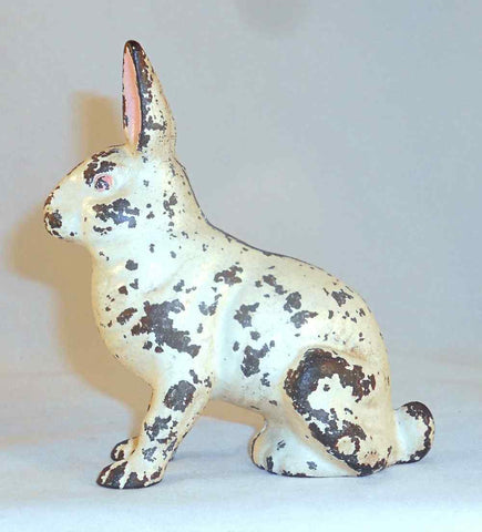 Antique Hubley Cast Iron Large Seated Rabbit Still Penny Bank Pink Ears & Eyes