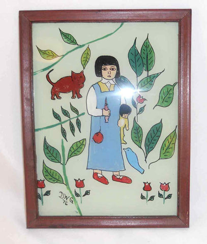 1976 Framed Folk Art Reverse Painting on Glass David Gottshall Girl w/ Doll Cat