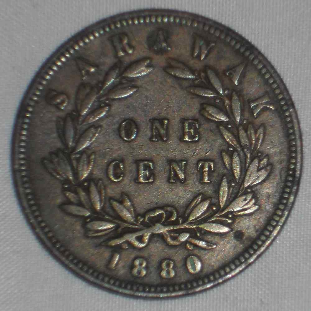 Beautiful Sarawak Copper Coin 1880 One Cent Charles J. Brooke Bust Mint  Mark H