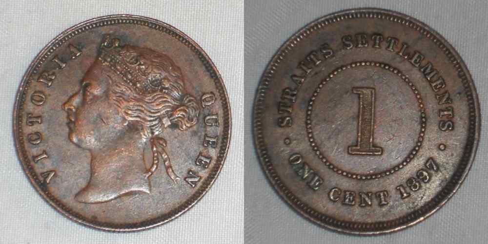 1897 Bronze Coin One Cent Straits Settlements Malaya Peninsula