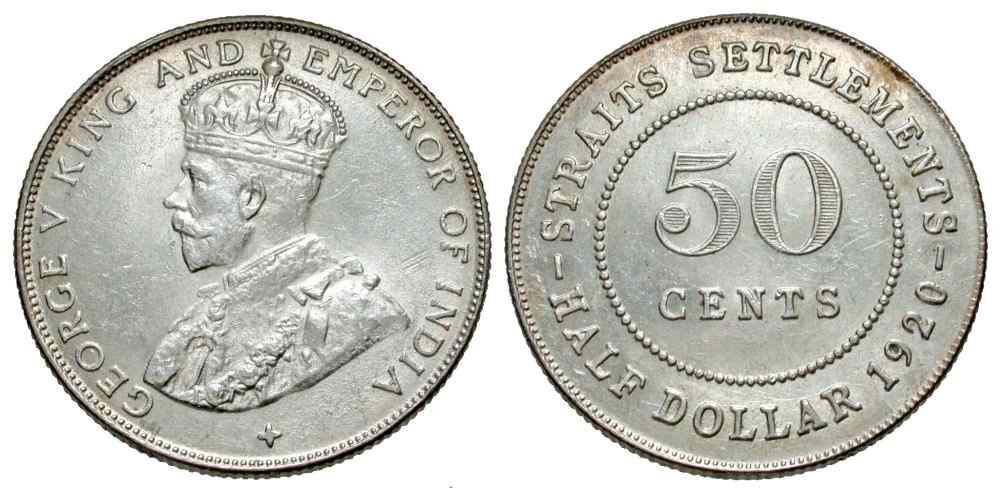 1920 Silver Coin Fifty Cents Half Dollar Straits Settlements Malaya George  V XF+