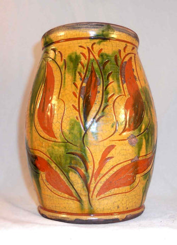 Great 1999 Greg Shooner Lead Glazed Redware Large Jar Sgraffito Tulip Decoration