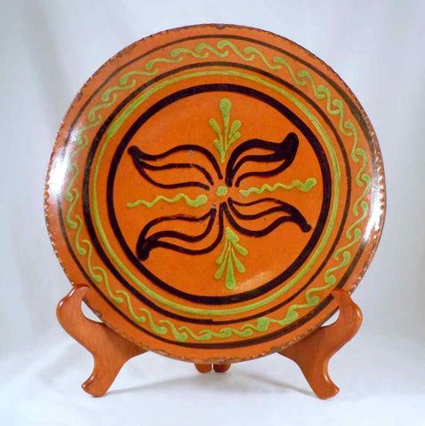 1997 Redware 10 3/4" Plate Glazed Slip Decorated w/ Tulip Bulbs by Greg Shooner