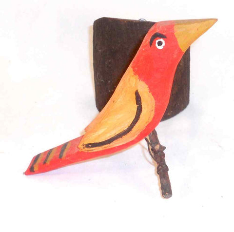 2008 Hand Carved Polychrome Painted Hanging Wooden Primitive Red Bird Perched on Branch By Daniel and Donna Strawser