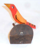2008 Hand Carved Polychrome Painted Hanging Wooden Primitive Red Bird Perched on Branch By Daniel and Donna Strawser
