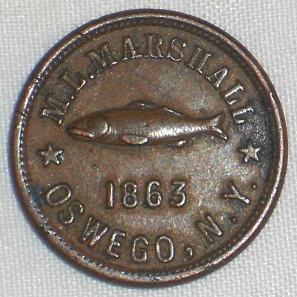 1863 Civil War Store Copper Token ML Marshall Oswego NY Fishing Tackle