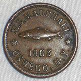 1863 Civil War Store Copper Token ML Marshall Oswego NY Fishing Tackle Rare Coin