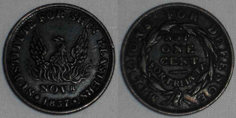1837 Hard Times Copper Token Shin Plasters Phoenix Rising From Flames HT #57 XF