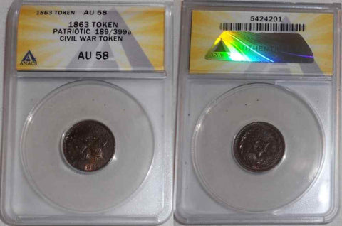 1863 Copper Patriotic Civil War Token Crossed Flags/6-Point Star Fuld 189/399 AU