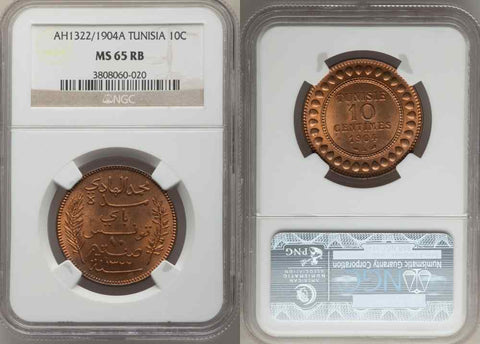 Beautiful 1904A Tunisia Bronze Coin 10 Centimes Muhammad al-Hadi Bey NGC MS 65RB