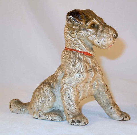 Antique Hubley Cast Iron Dog Still Penny Bank Wirehair Terrier in Red collar