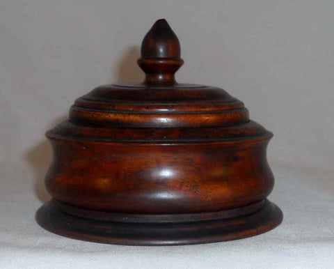 Antique Dark Brown Turned Hardwood Round Dresser Box Lift-off Lid Acorn Finial