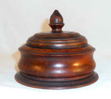 Antique Dark Brown Turned Hardwood Round Dresser Box Lift-off Lid Acorn Finial