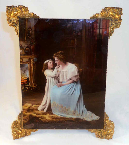 Antique Colored Lithograph Seated Woman & Child Under Glass Ullman Mfg. Co. NY