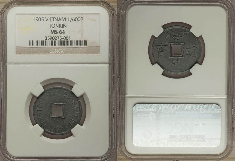 1905 Tonkin Vietnam Zinc Coin 1/600 Piastre Square Central Hole