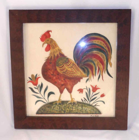 1971 Marjorie Yoder Framed Pennsylvania Dutch Folk Art Theorem Rooster Standing