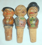 3 Figural Bottle Stoppers Corks Two Men Wearing Hats & Third Man with Mustache